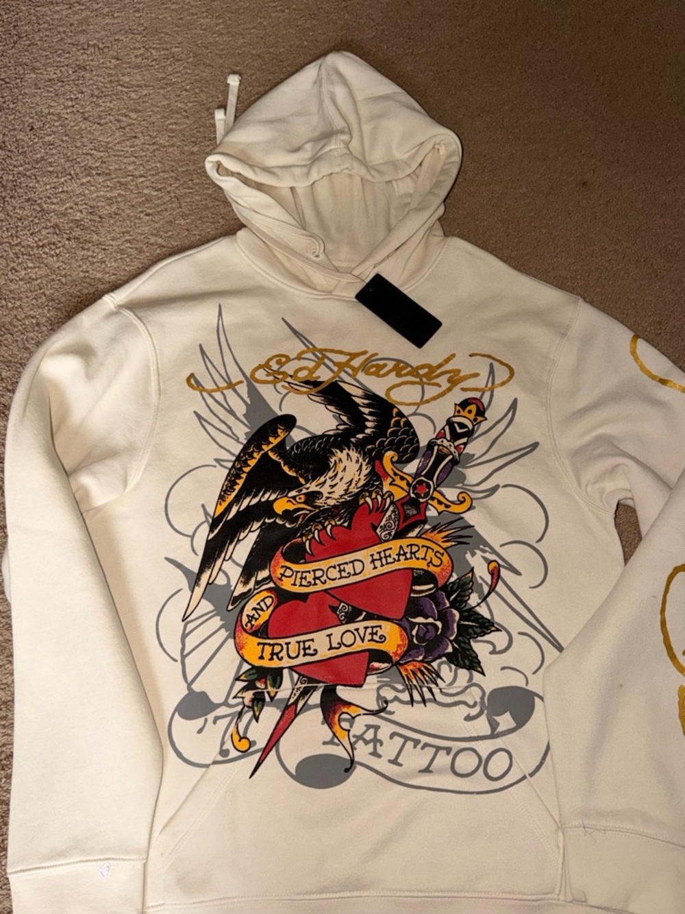 NWT Ed Hardy Ivory Hoodie with Gold Script and Black Graphic - Picture 6 of 9